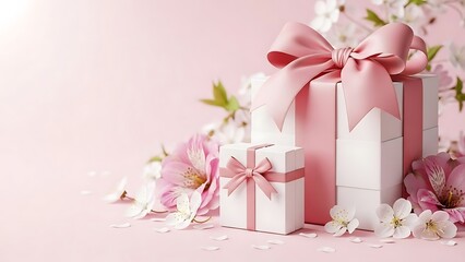 Elegant pink and white gift boxes with flowers on a soft pink background