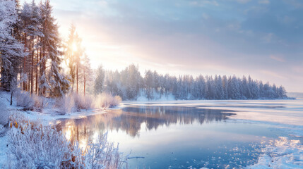 Tranquil Winter Landscape with Snowy Forest, Partially Frozen Lake or River, and Warm Sunlight at Sunrise or Sunset
