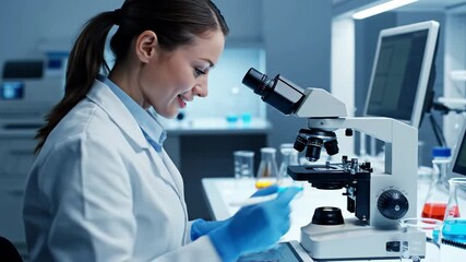 A female researcher in a lab coat and blue gloves intently examines a sample through a microscope in a modern science laboratory