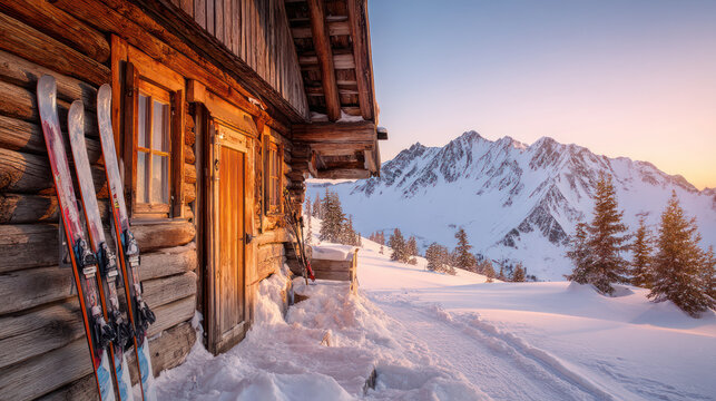 Charming Wooden Mountain Cabin or Ski Hut in Snowy Alpine Landscape at Sunset with Skis Leaning Against the Wall