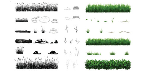 Isolated natural environment elements: grass, rocks, logs, branches, bushes © md