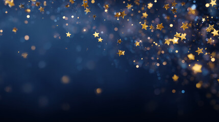 Dark Navy-Blue Abstract Background with Scattered Glittering Golden Stars or Bokeh Lights Falling from Above