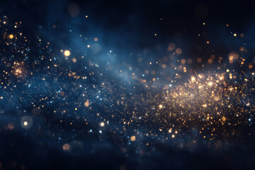 Fototapeta premium Dark Navy-Blue Abstract Background with Scattered Glittering Golden Stars or Bokeh Lights Falling from Above