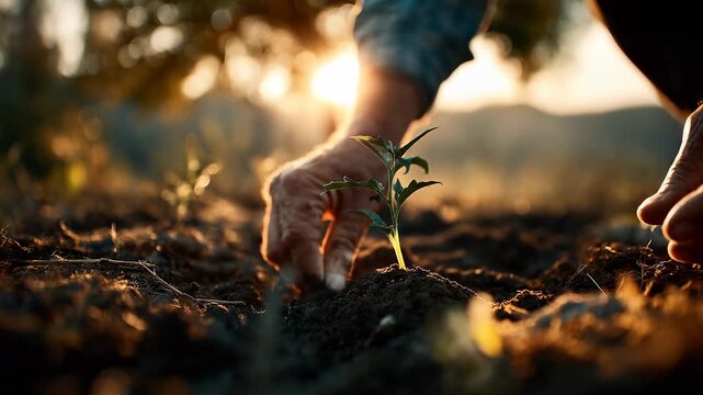 Hands of farmer planting green seedling into moist soil. Gardening action focused on planting and care. Earth nurtures growth. Farmer hands work with nature to support healthy soil and seedling.