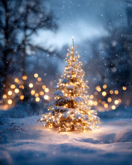 Fototapeta premium Magical Outdoor Christmas Tree Illuminated with Warm Lights in Snowy Winter Forest at Dusk