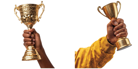 A PNG set of a person's hand lifting a trophy