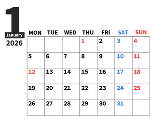 2026年　1月　シンプルなカレンダー　月曜始まり