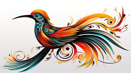 Fototapeta premium Stunning abstract tropical bird design bursts with vibrant orange and blue flowing into elegant decorative swirls