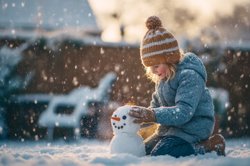 Adorable Young Girl Building Small Snowman Outdoors in Snowy Winter Landscape at Golden Hour