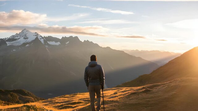 Solitary hiker stands atop a grassy mountain ridge gazing at a vast snowcapped alpine range during a brilliant golden hour sunset