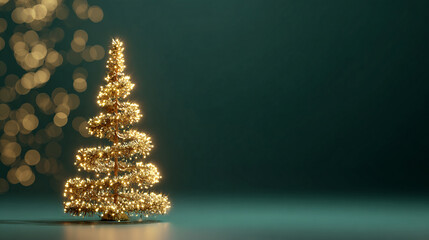 Simple Golden Spiral Christmas Tree Made of Lights Against Dark Green Background