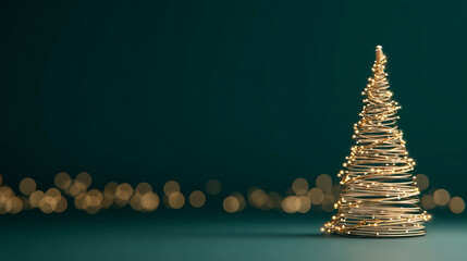 Minimalist Golden 3D Wire Christmas Tree with Lights on Dark Green Sparkling Background