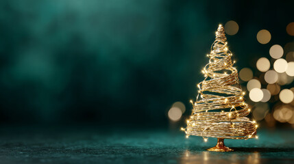 Abstract Gold Wire Christmas Tree with Fairy Lights on Dark Teal Background