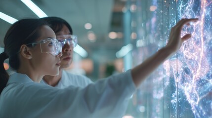 Scientists explore data on a digital screen in a laboratory during a research session