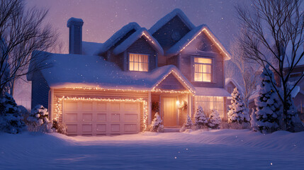Traditional Snow-Covered House Decorated with Warm Christmas Lights at Night