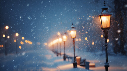 Blurry Snowy Winter Street at Night with Warm Golden Street Lamps and Falling Snow