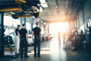 Automobile repair service center with out of focus backdrop. Car service center, blurred no focus background auto on lift, mechanics working in the garage. Defocused auto workshop, blur. Banner.