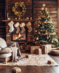 cozy log cabin christmas living room with fireplace and decorated tree