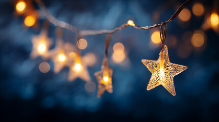Fototapeta premium Warm Glowing Star-Shaped Christmas String Lights on a Dark Blue Background
