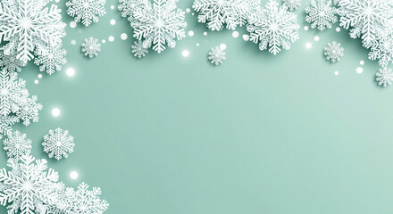 Fototapeta premium White snowflakes and sparkling lights in a 3D paper cutout style on the edges against a light green/mint background. A modern frame for winter and holiday themes.
