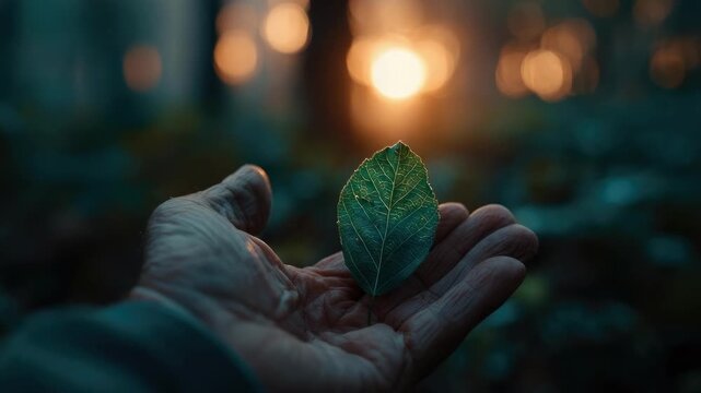 A single green leaf resting on an open hand, with warm sunset light filtering through a forest backdrop.