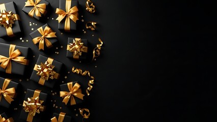 Luxurious black gift boxes tied with golden ribbons on a dark background
