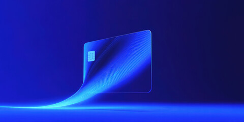 Futuristic glowing credit card illustration with digital light trail effect, floating in abstract blue background symbolizing fintech, banking innovation and digital payments.