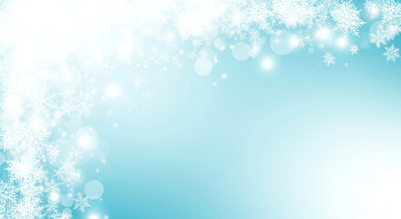 An abstract winter-themed background in light blue and white, adorned with lights and snowflakes radiating from the top left. An elegant snowy landscape in cool tones.