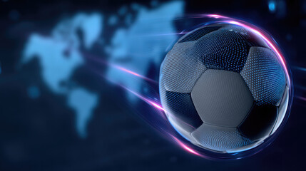 Futuristic soccer ball with glowing digital effects, blue background, world map, high tech sports concept, dynamic energy