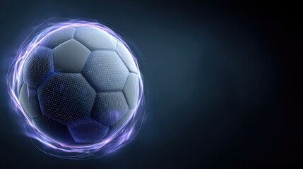 Futuristic soccer ball with glowing blue energy swirl, digital style, high tech sports concept, dynamic and modern design