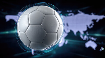 Futuristic soccer ball floating with digital world map background, glowing blue light, technology and global sports concept