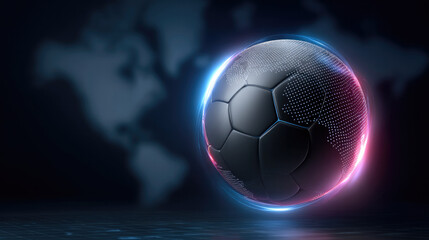 Futuristic soccer ball glowing with neon blue and pink light, digital world map background, high tech sports concept