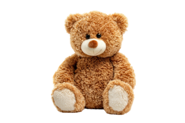 Fluffy brown teddy bear sitting upright with a friendly smile isolated on transparent background