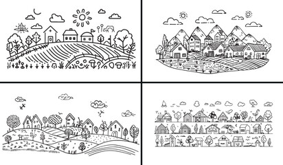 Farm landscape illustration, countryside nature vector, rural agriculture artwork, village farm drawing, harvest field design, eco farming art, natural land decor, farmland scenery vector, country lif © Geetaroy