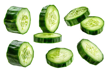Fresh green cucumber slices cut and arranged for healthy eating and cooking isolated on transparent background