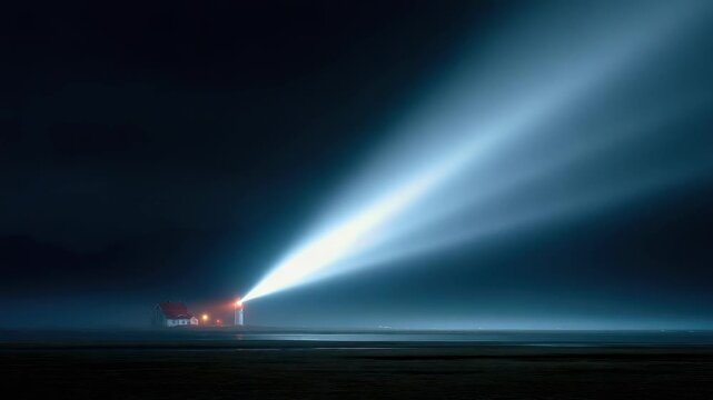 A lighthouse on the coast emitting a bright beam across the dark sea at night.
