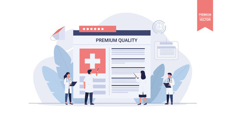 Medical team presenting premium healthcare solutions for a healthier future in a bright, modern setting and promoting wellness with expert advice