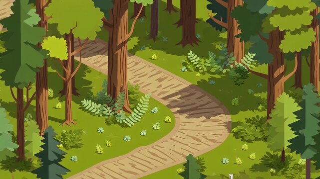 Isometric illustration of a winding dirt path through a dense green forest.