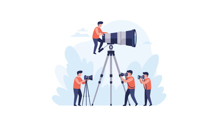 Fototapeta premium Passionate photographers capturing unique perspectives with creative camera techniques and a massive zoom lens, exploring fresh angles and visual storytelling