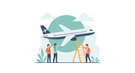 Aviation team inspecting airplane with ladder for safety and maintenance checks, perfect for travel, transportation, and airline industry marketing campaigns