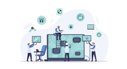 Innovative tech team collaborating on circuit board design for modern computer, perfect for engineering and development projects, showcasing collaboration