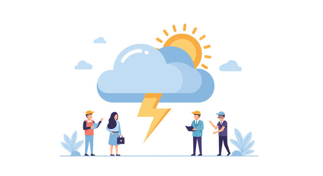 Team navigating market volatility with innovative strategies and clear skies ahead, symbolizing resilience and growth in changing times