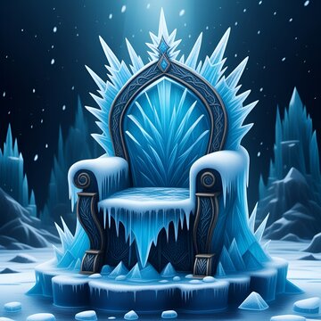 Majestic ice throne glittering in snowfall, a fantasy winter wonderland, perfect for book covers, game design, and mythical storytelling projects