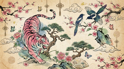 Traditional Asian-style illustration of a pink tiger, magpies, and cherry blossoms on aged paper.