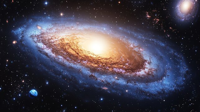 Spiral Galaxy in Deep Space with Earth and Stars