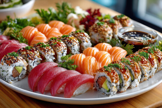 Platter of assorted sushi rolls and nigiri - Powered by Adobe