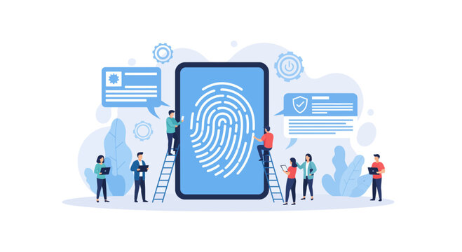 Innovative team securing mobile data with fingerprint technology for next-level security, protection, and privacy in the digital age