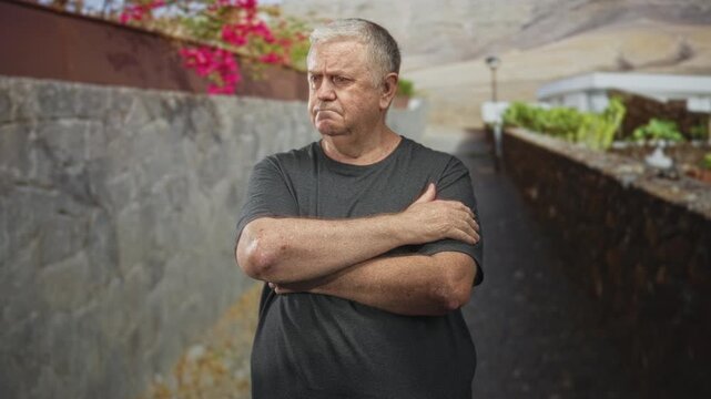 Man with arms crossed holding his upper arm on a stonewall lined street, tense frown and clenched grip visible; quiet resignation.