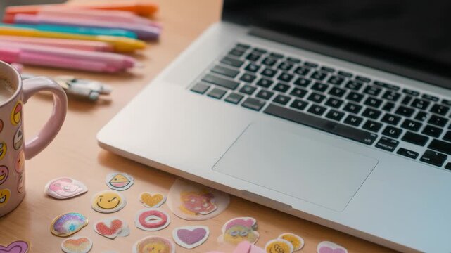 Morning coffee and stickers on a desk with a laptop in a cozy workspace
