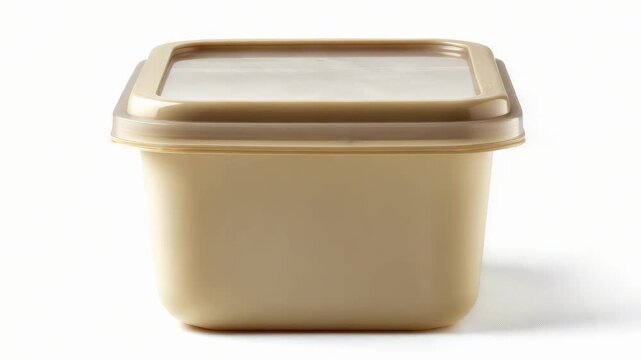 Cream-colored rectangular plastic food storage container with a snap-on lid.